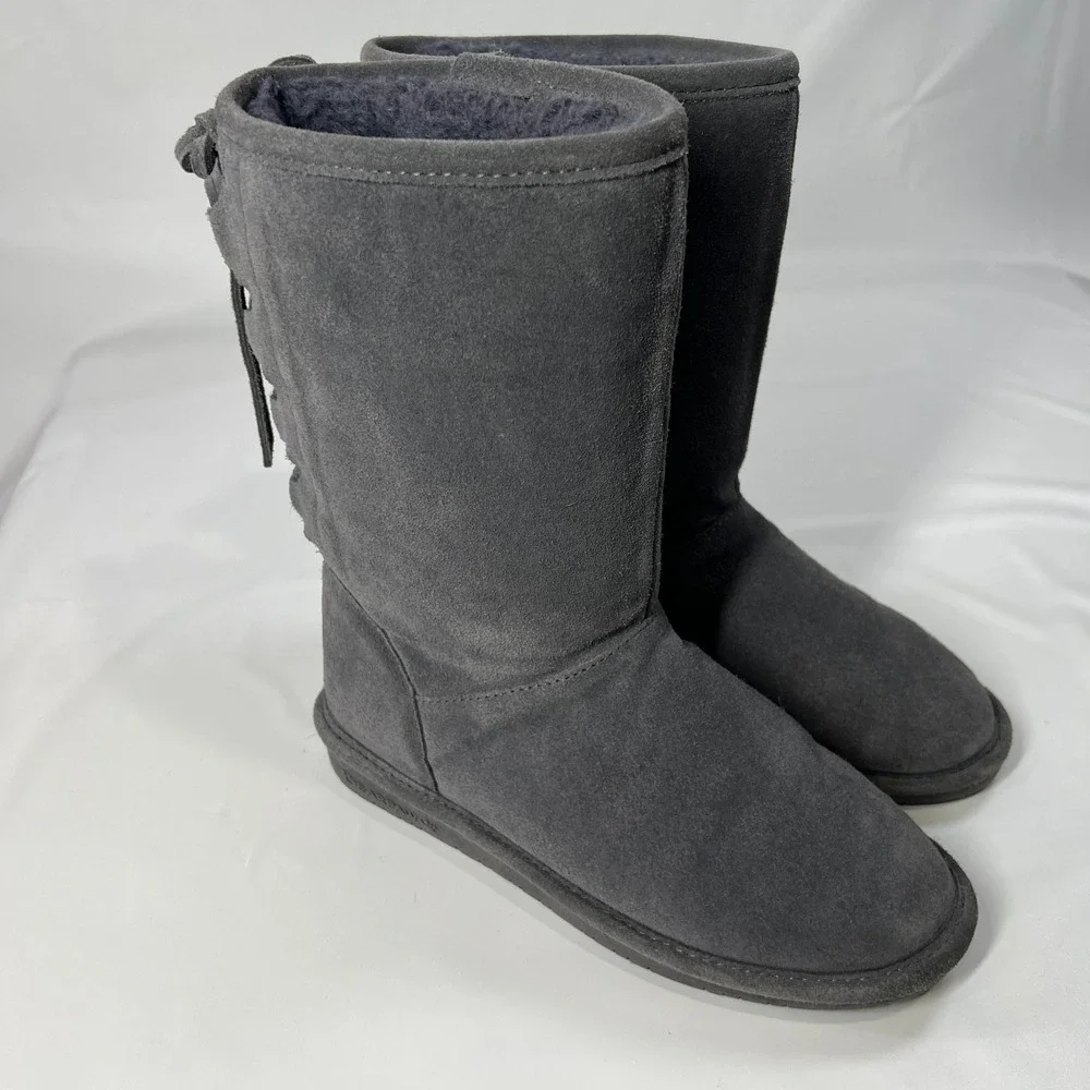 Bearpaw Youth 5 Gray Suede Shearling Lace Back Winter Boots Warm Lined Cozy‎